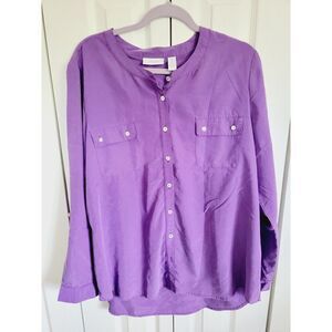 Chico's 3 Purple Button Front Top Shirt Feels‎ Like Satin Pull Tab Slvs Pockets